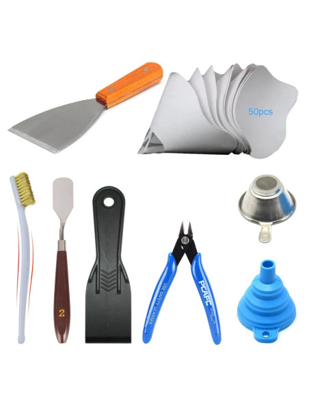8-tool kit for 3D printing — spatulas, pliers, funnels and storage case