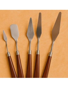 Set 5 espátulas acero flexible mango madera óleo acrílico escayola