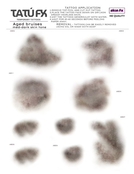 Tatuagens FX hematomas envelhecidos pele escura efeitos especiais maquilhagem