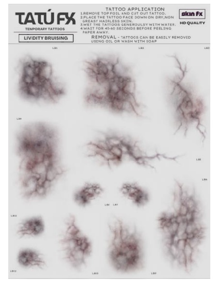 Tatuaggi temporanei lividità lividi cadaverici SFX trucco effetti speciali