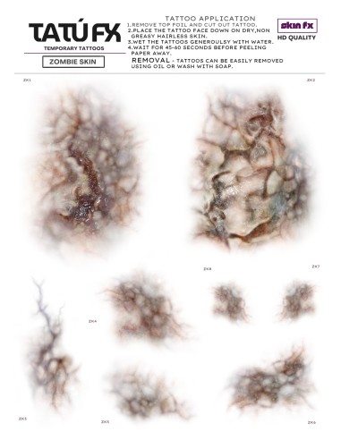 TATÚ FX Zombie Skin SFX temporary tattoos A5 sheet special effects makeup