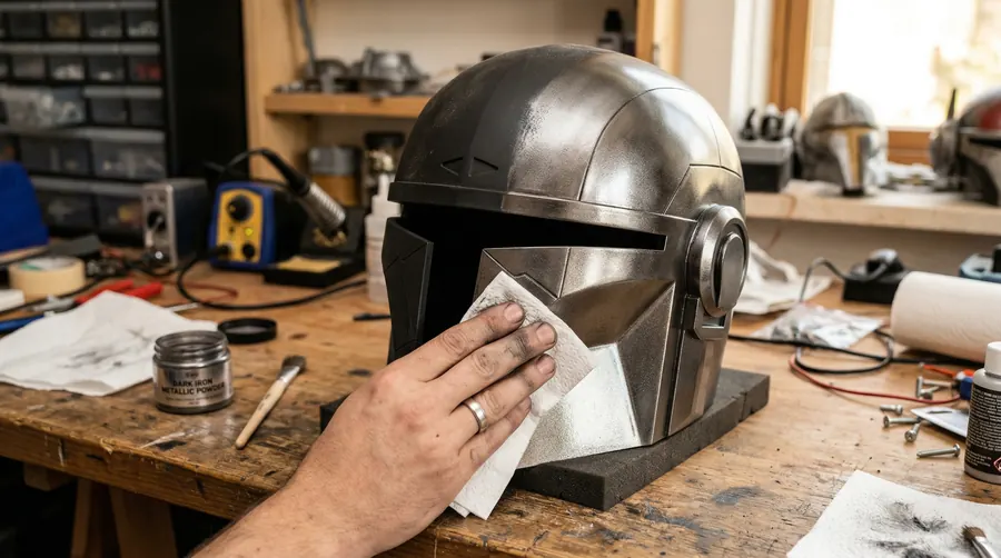 Applying metallic iron powder to a black cosplay helmet to achieve a steel effect