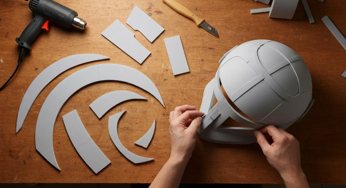 Hands assembling grey EVA foam pieces to make a cosplay helmet on a workshop table
