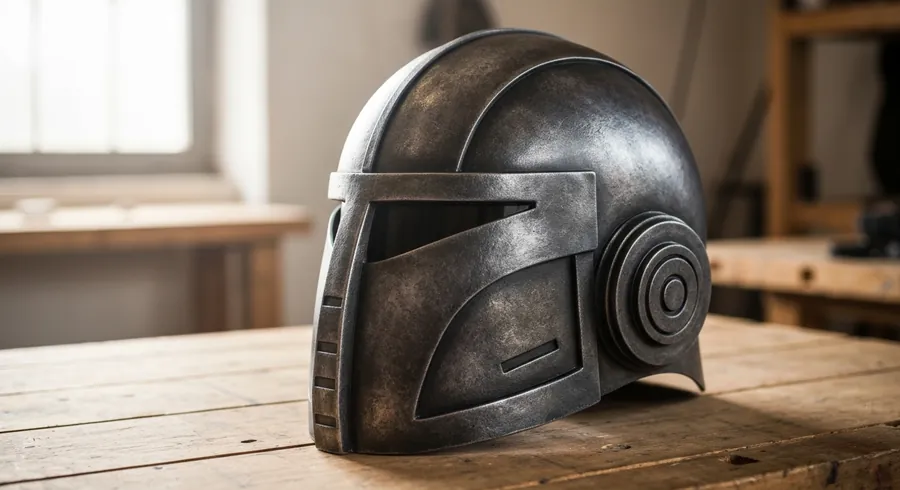 Finished sci-fi style cosplay helmet with gun metal metallic finish on a workshop table