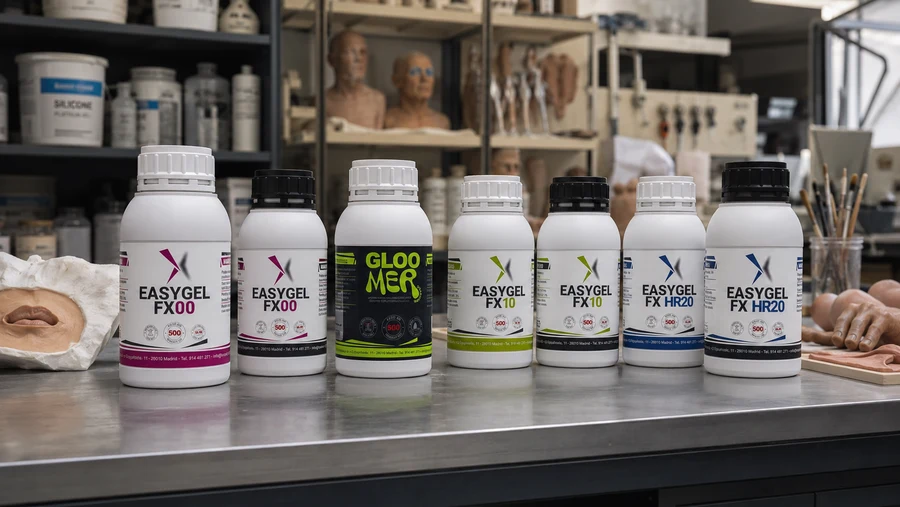 Frascos de EasyGel FX00, Gloomer Deadener, EasyGel FX10 y EasyGel FX HR20 sobre una mesa de taller con prótesis de efectos especiales al fondo