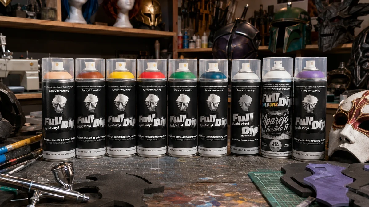 Siete botes de FullDip Liquid Vinyl en acabados metalizado oro, camaleón azul-verde, candy rojo y sólido negro sobre superficie de madera blanca de taller de cosplay