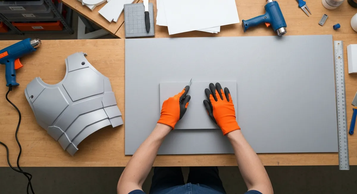 Hands working with grey EVA foam sheets in a cosplay workshop, partially assembled armour in the background