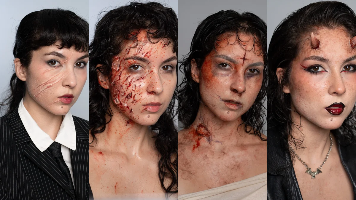 Cuatro looks de maquillaje de Halloween sobre la misma modelo: cicatrices en la mejilla, cortes con cristales y sangre, piel infectada con venas y demonio con cuernos