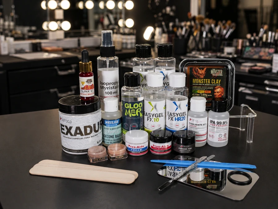 Kit de Iniciación SFX de Feroca con todos sus componentes: siliconas EasyGel, escayola Exaduro, Monster Clay, Pros-Aide, pigmentos DYE PLAT y herramientas