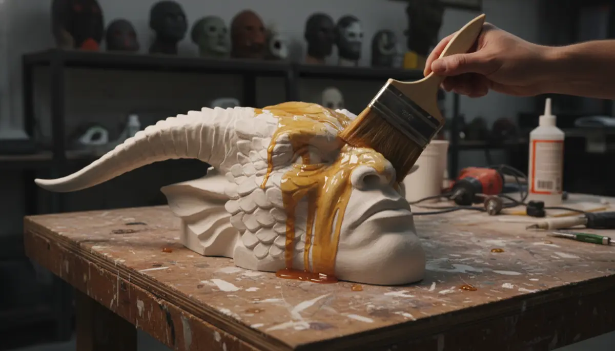 Application of liquid latex over a horned creature mould in an SFX workshop