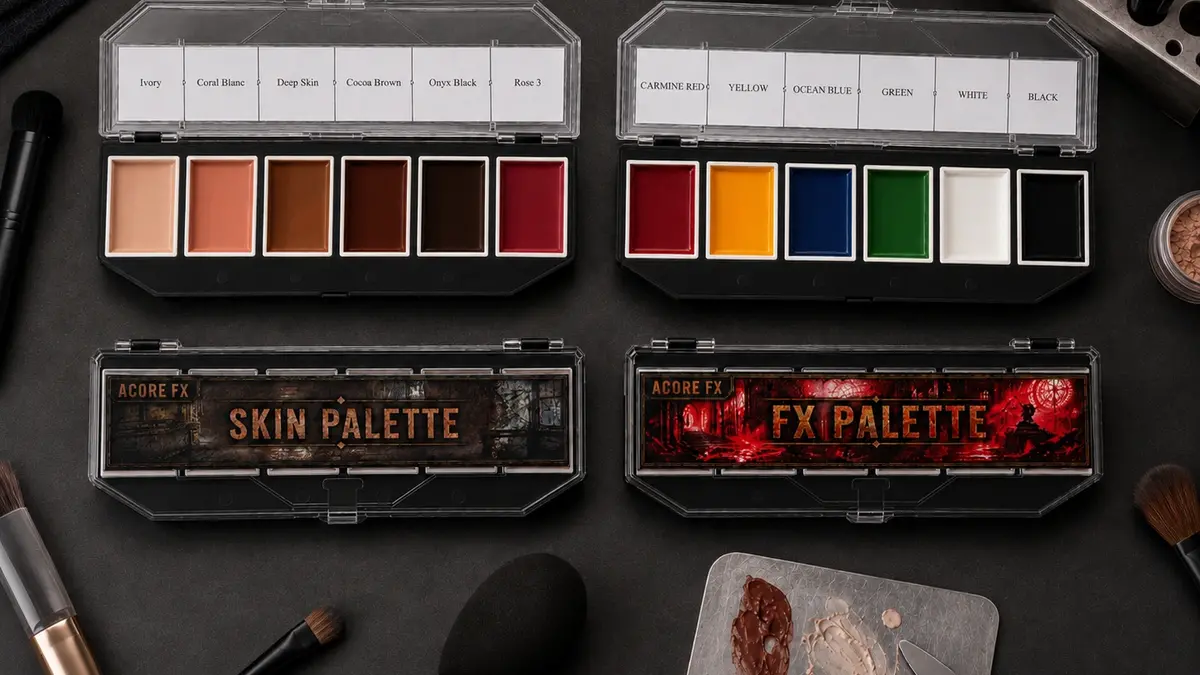 Palettes Acore FX Skin Palette et FX Palette ouvertes montrant les 6 couleurs de chacune avec leurs étiquettes, avec les étuis fermés, des pinceaux, une éponge et une palette de mélange