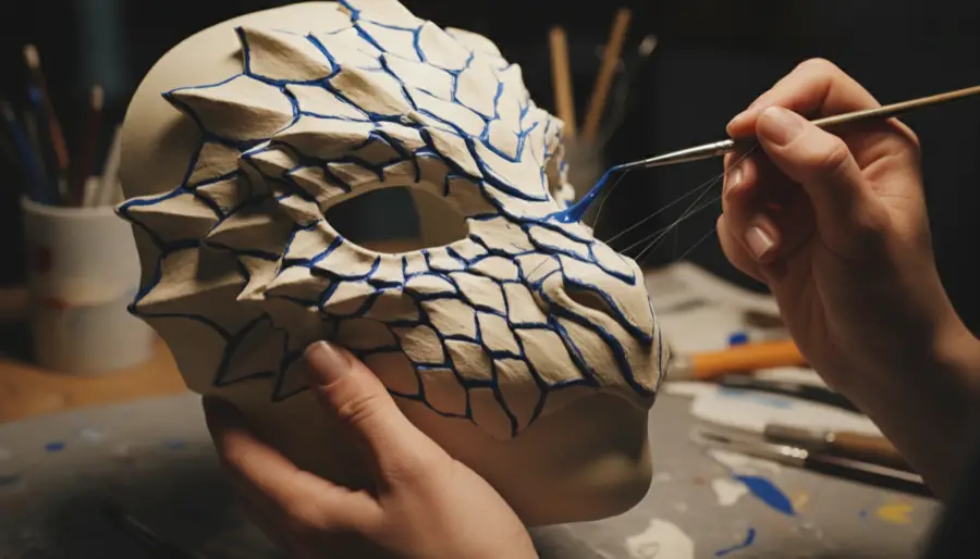 Fine-brush painting of a latex mask with reptile scale texture