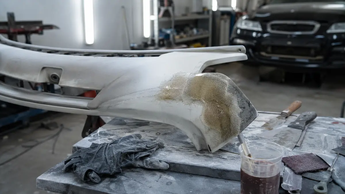 Parachoques de coche con un parche de fibra de vidrio recién aplicado en la esquina rota, sobre una mesa de taller con resina, guantes y espátulas, con un coche al fondo