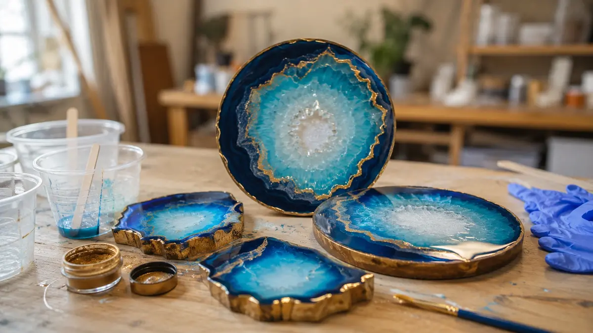 Posavasos y piezas de resina epoxi con efecto geoda en tonos azules y turquesa, con vetas doradas, junto a vasos de mezcla, pigmento en polvo dorado y pincel en una mesa de taller